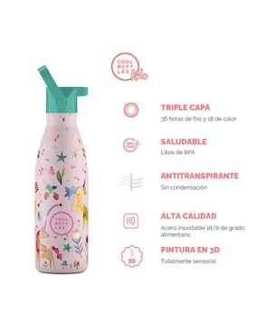 Termo Cool Bottles de acero inoxidable Kids Unicornios Divertidos con tapa rosca 350 ml