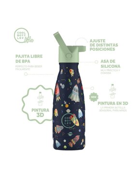 Termo Cool Bottles de acero inoxidable Kids space rockets con tapa rosca 260 ml