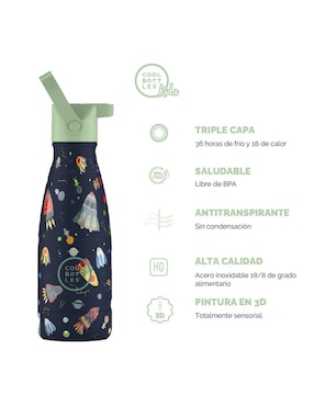 Termo Cool Bottles de acero inoxidable Kids space rockets con tapa rosca 260 ml
