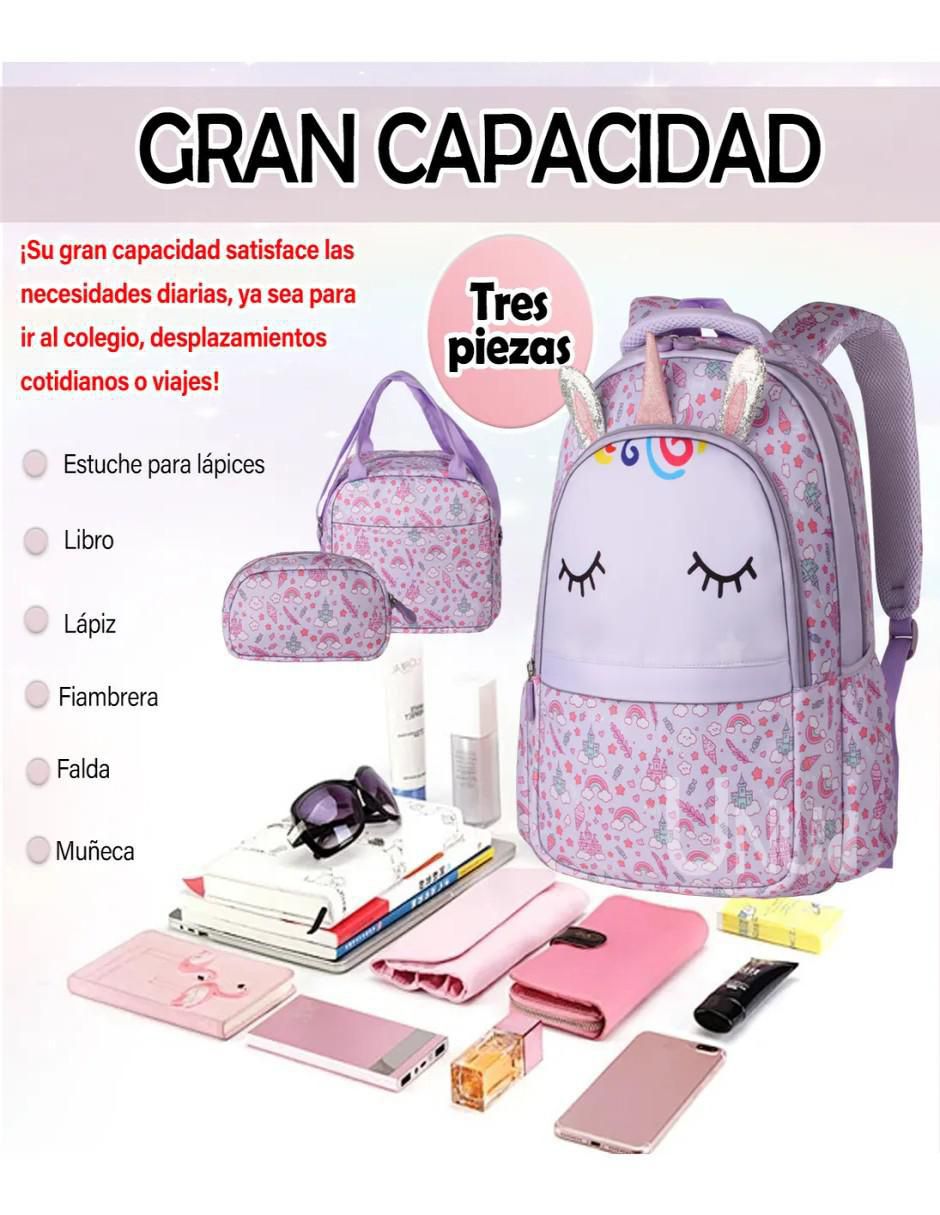 Set mochila escolar unicornio impermeable para niña 3