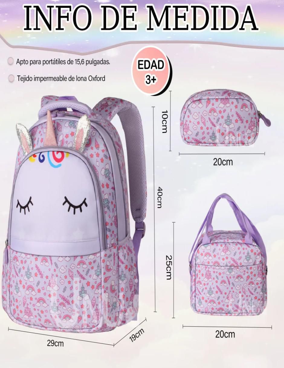 Set mochila escolar unicornio impermeable para niña 2