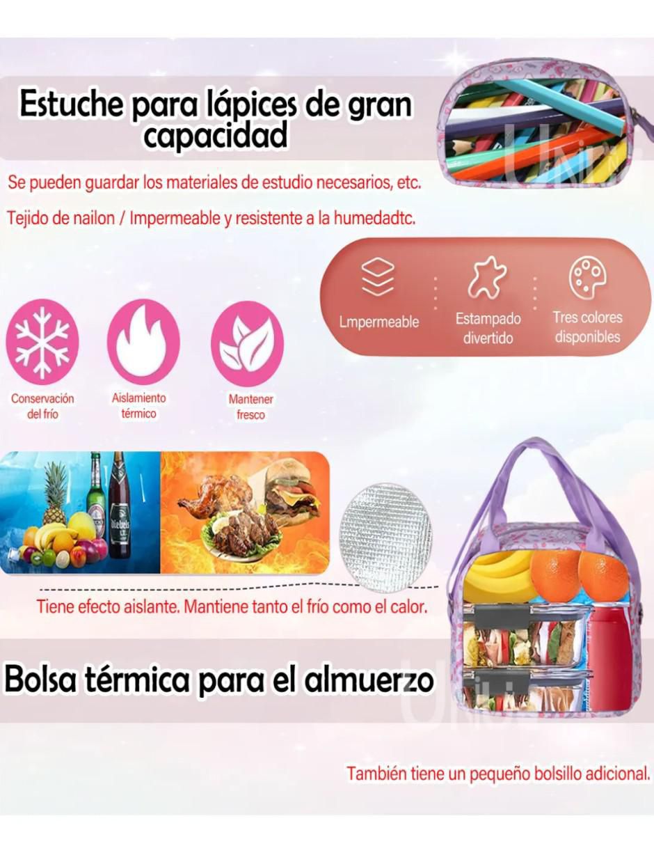 Set mochila escolar unicornio impermeable para niña 5