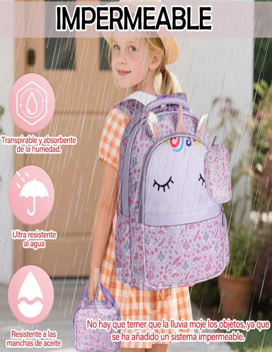 Set mochila escolar unicornio impermeable para niña 7